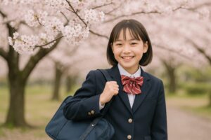 満開の桜並木を背景にした制服姿の女子学生