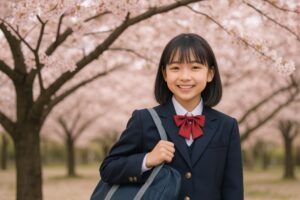赤いリボンの制服で桜の中に立つ女子学生