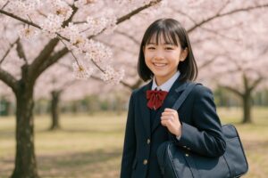 桜のトンネルを背景に笑顔の女子中学生