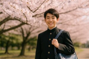 桜並木の下で学ラン姿の男子学生