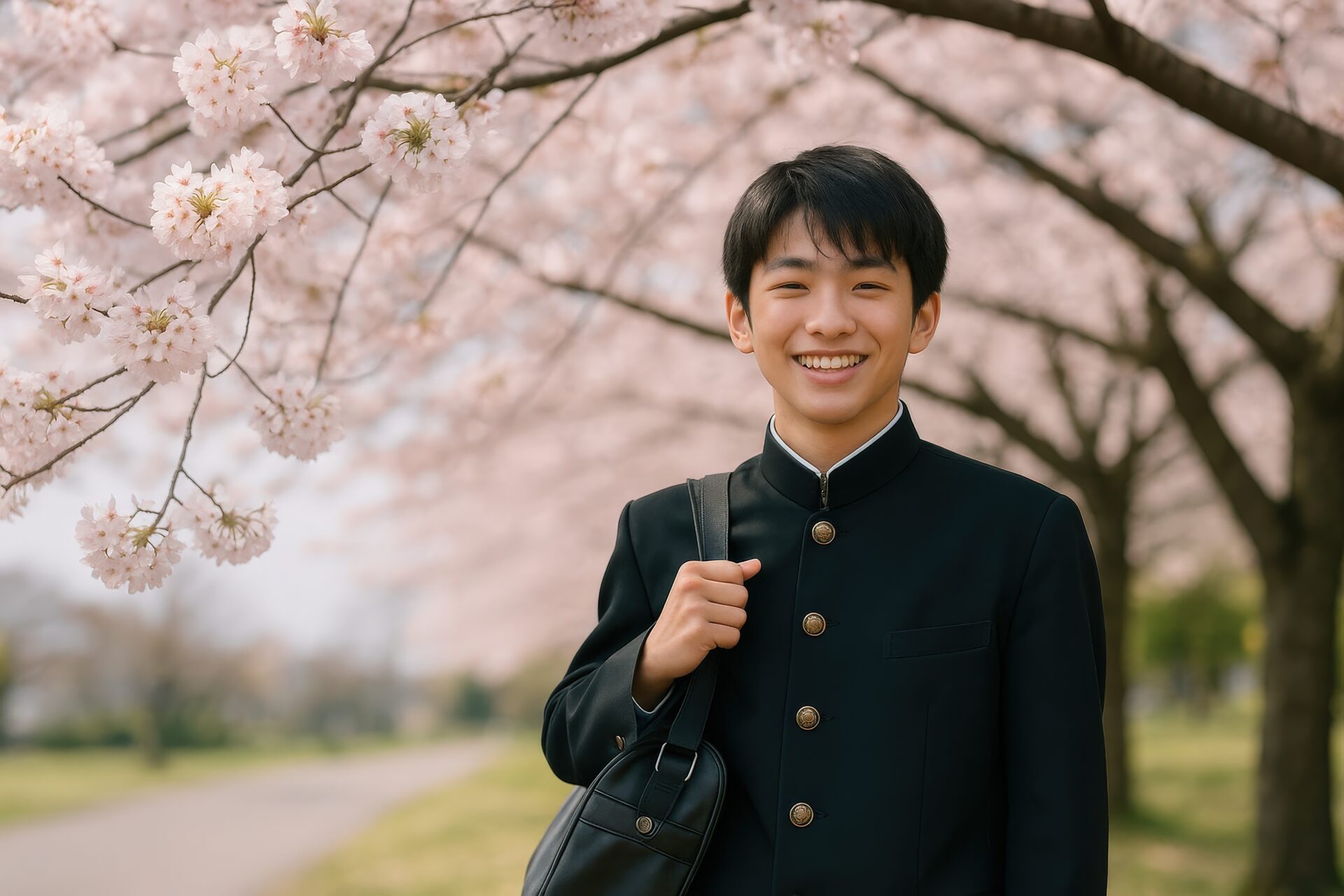 桜の下で笑顔の男子学生