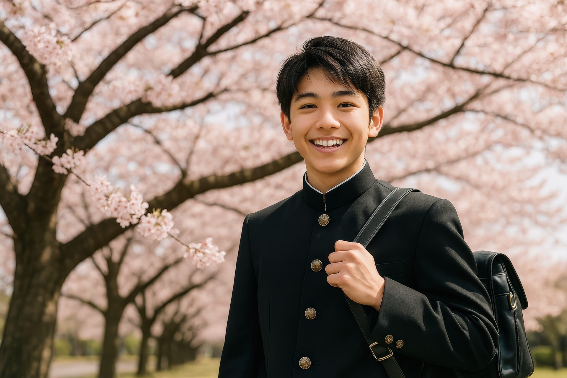 学ラン姿で桜の道を歩く男子学生