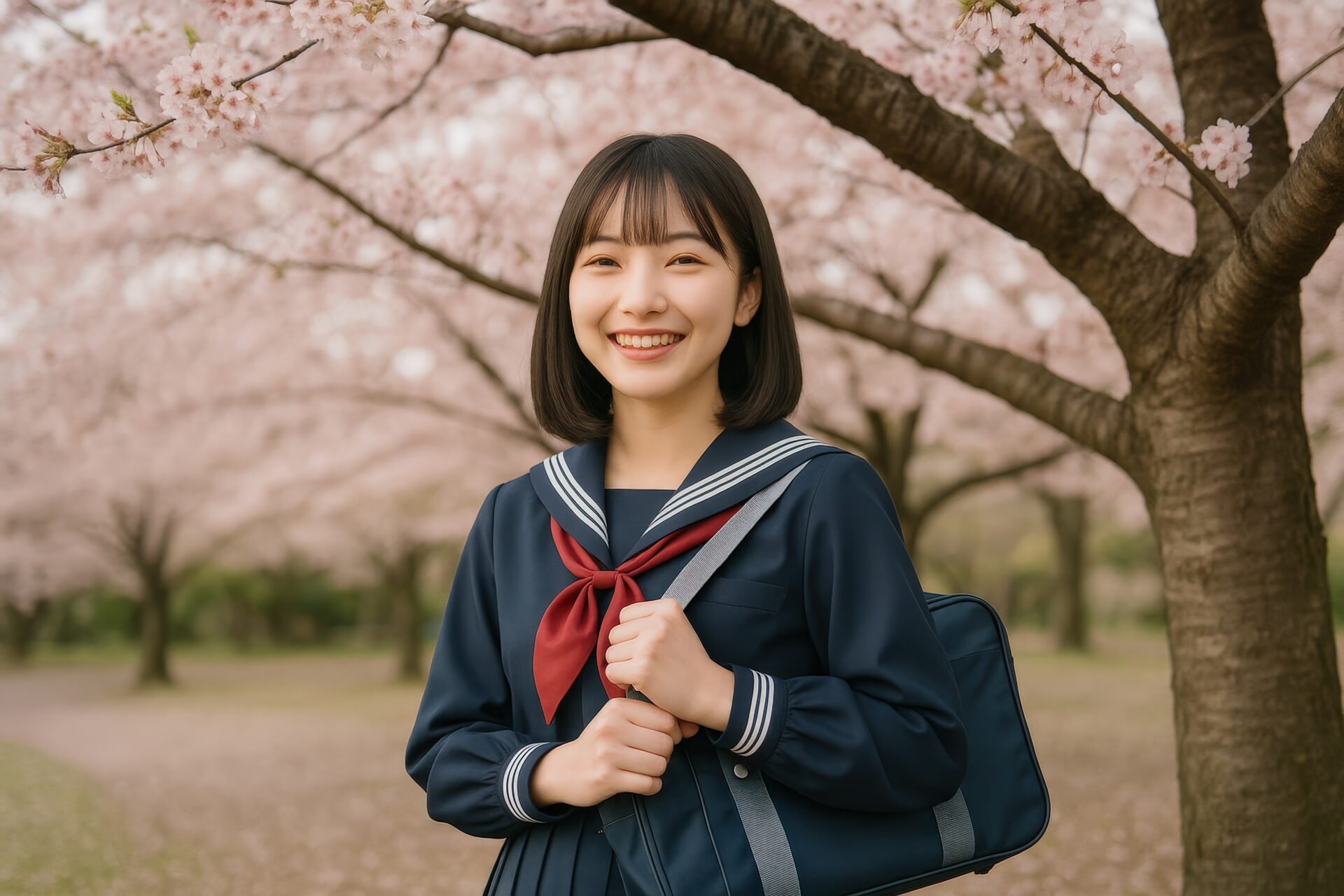 桜の下でセーラー服姿の女子学生