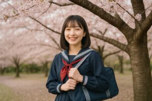 桜の下でセーラー服姿の女子学生