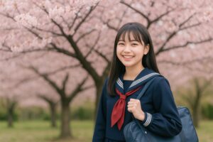 満開の桜並木と女子中学生の春風景