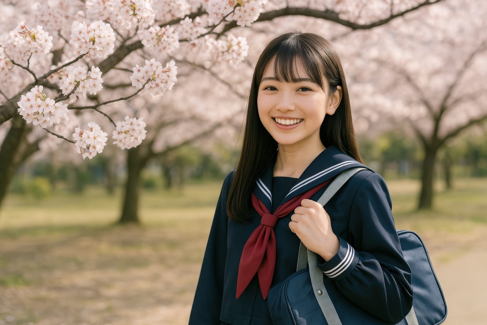 桜の花に囲まれたセーラー服の女子学生