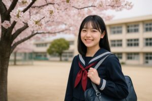 校舎を背景に笑顔の女子中学生
