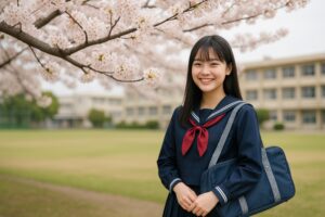 校庭の桜と女子学生の春の一日