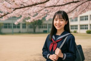 校庭で桜の下に立つ女子学生