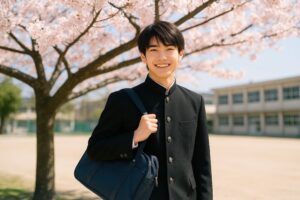 桜咲く校庭に立つ男子学生の笑顔