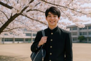 桜の下で学ラン姿の男子学生と校舎