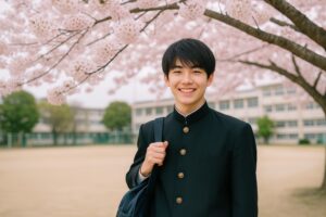 満開の桜と学ラン姿の男子学生