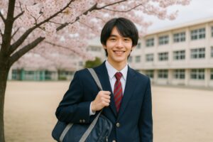 桜と校舎を背景にスーツ姿の男子学生