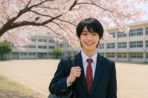 桜満開の中を歩く制服スーツの男子学生