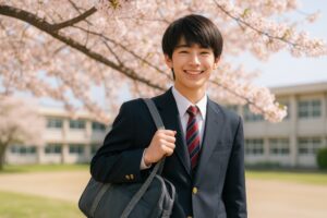春の校庭に立つスーツ姿の男子学生