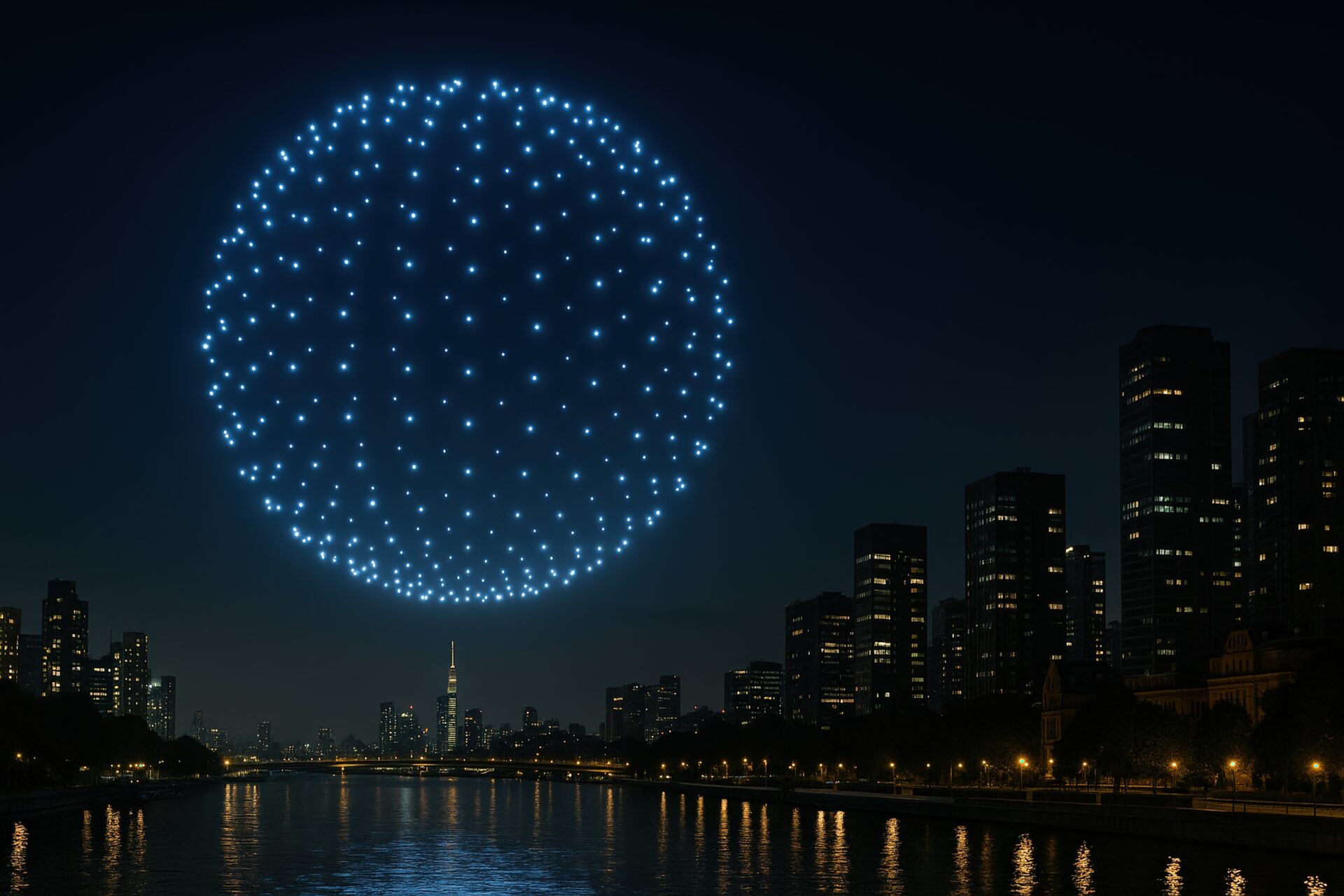 川沿いの都市上空に浮かぶドローンショーの球体ライトパフォーマンス