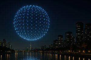 川沿いの都市上空に浮かぶドローンショーの球体ライトパフォーマンス