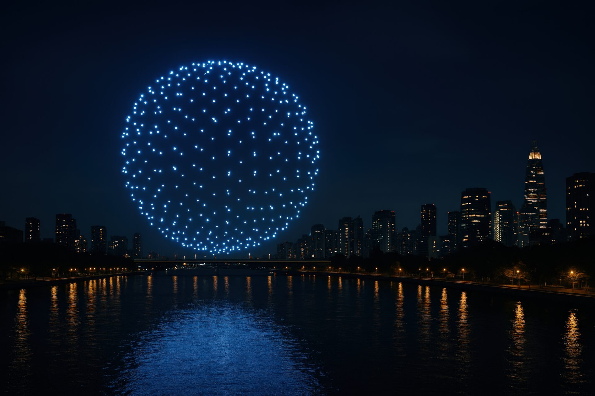 川と都市の夜景に浮かぶドローンショーの青い球体ライトパフォーマンス