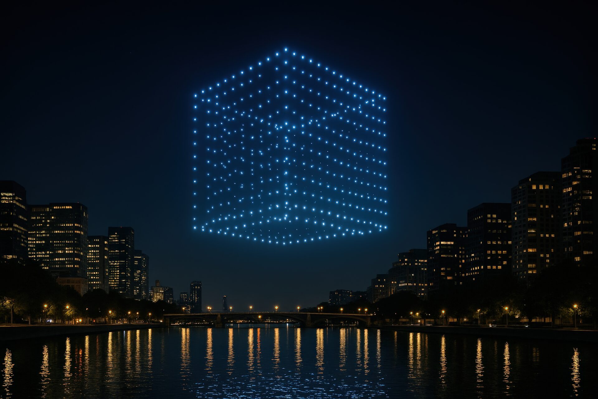 都市の夜空に浮かぶドローンショーの立体キューブライトパフォーマンス