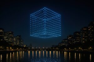 都市の夜空に浮かぶドローンショーの立体キューブライトパフォーマンス