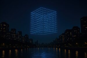 都市の夜空に浮かぶドローンショーの立体キューブライトパフォーマンス