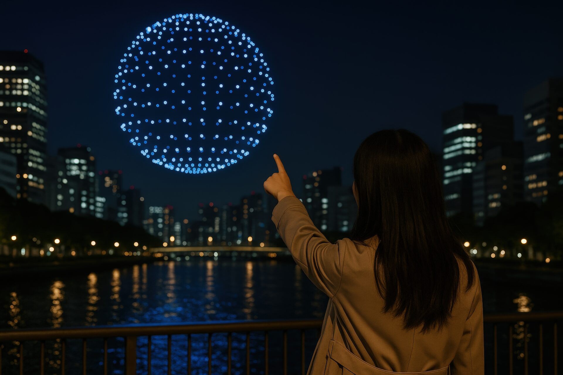 ドローンショーを指さす人物と都市の夜景