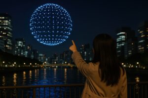 ドローンショーを指さす人物と都市の夜景