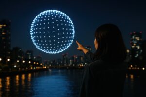 ドローンショーを指さす人物と青いライトの球体