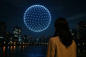 ドローンショーを見上げる人物と都市の夜景