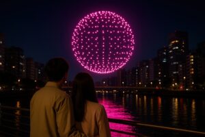 ピンク色のドローンショーを見つめるカップルの後ろ姿