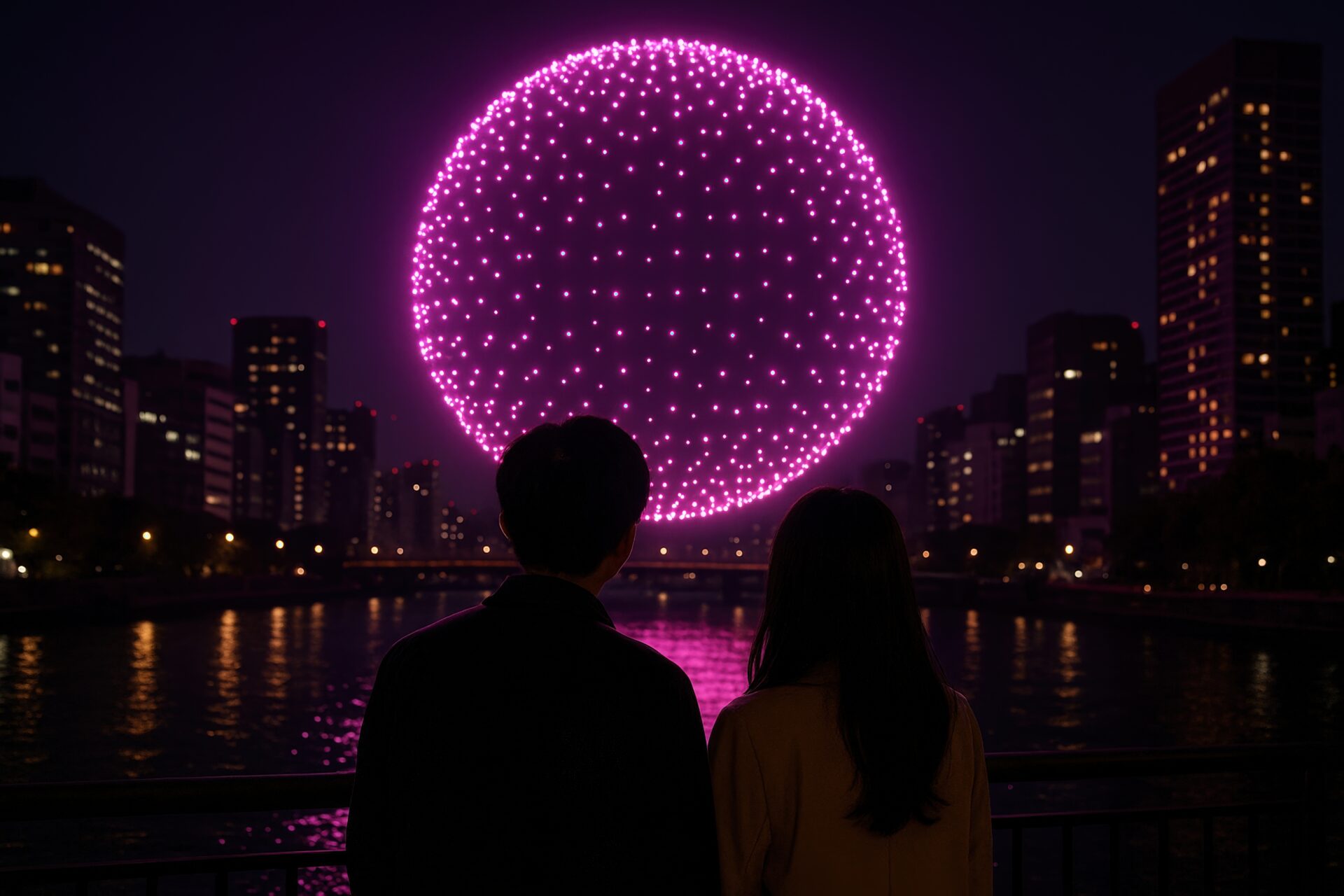 夜空に浮かぶピンクのドローンショーを眺めるカップル