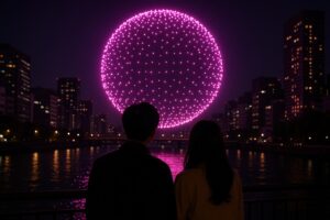 夜空に浮かぶピンクのドローンショーを眺めるカップル