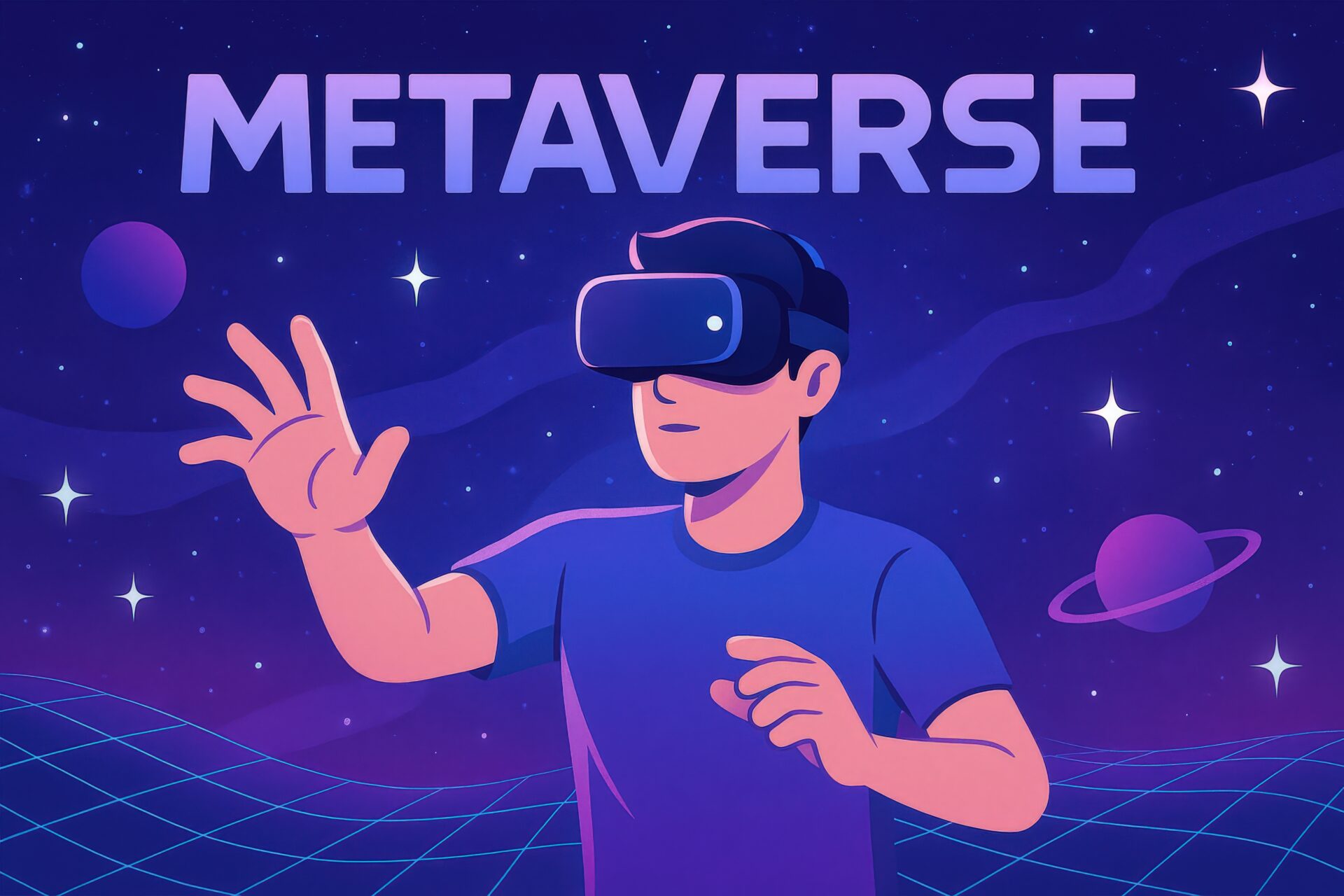 VRゴーグルでメタバース空間を体験するイラスト