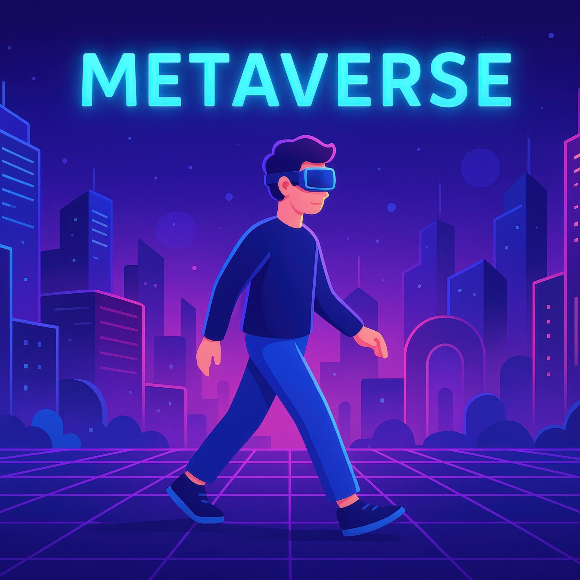 バーチャル都市を歩くメタバースユーザーのイラスト