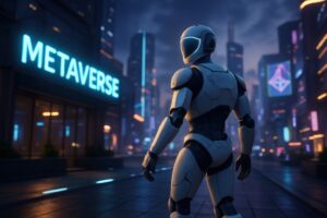 メタバースの世界を歩くロボットと未来都市