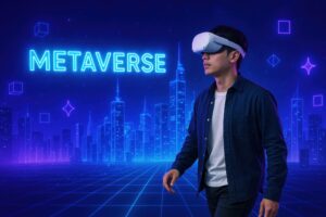 VRゴーグルを装着してメタバースを歩く男性