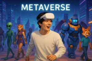 メタバースの世界を楽しむ男性とキャラクターたち