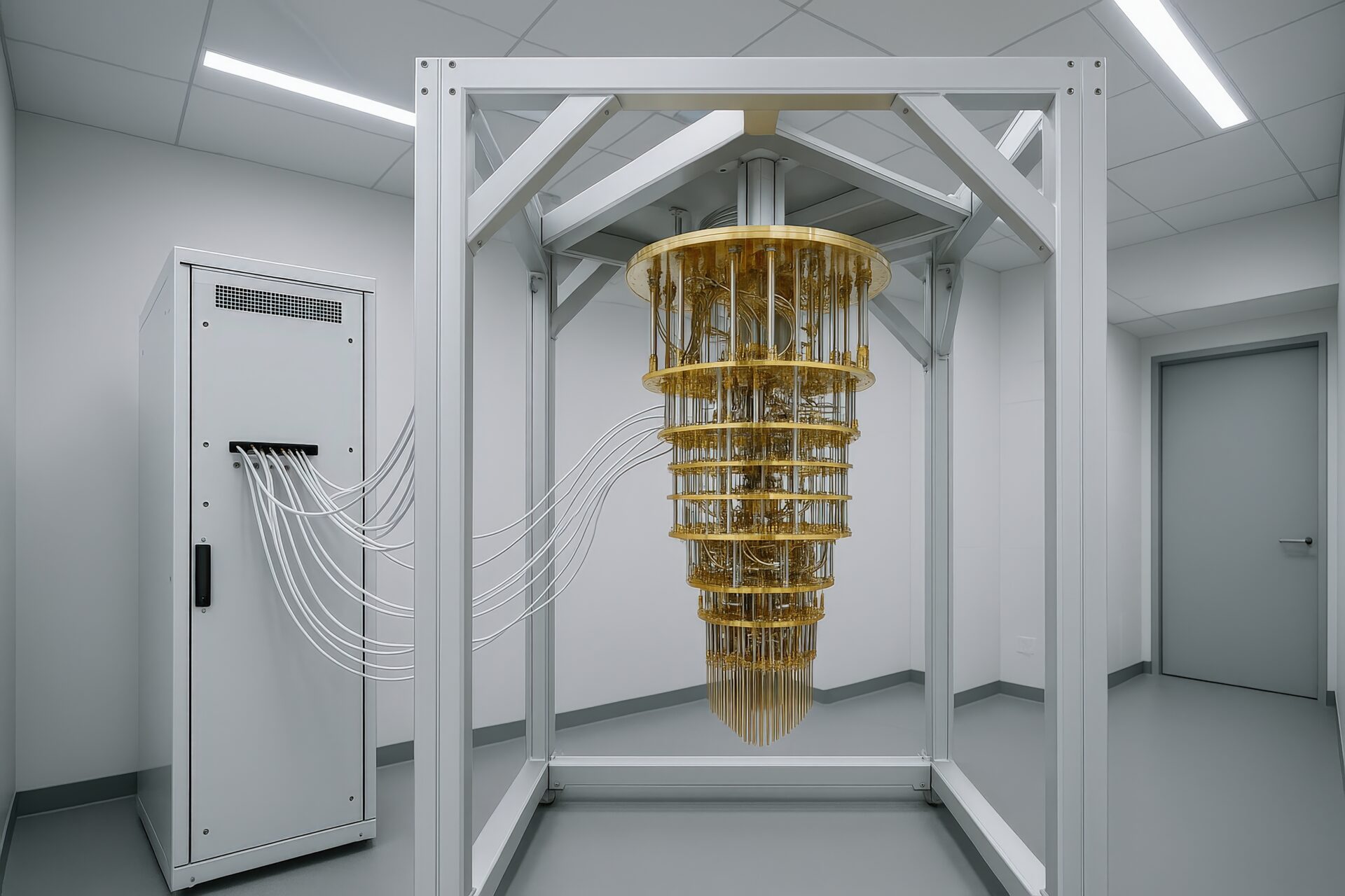 白いフレームに収められた量子コンピュータの冷却装置