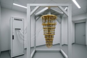 白いフレームに収められた量子コンピュータの冷却装置