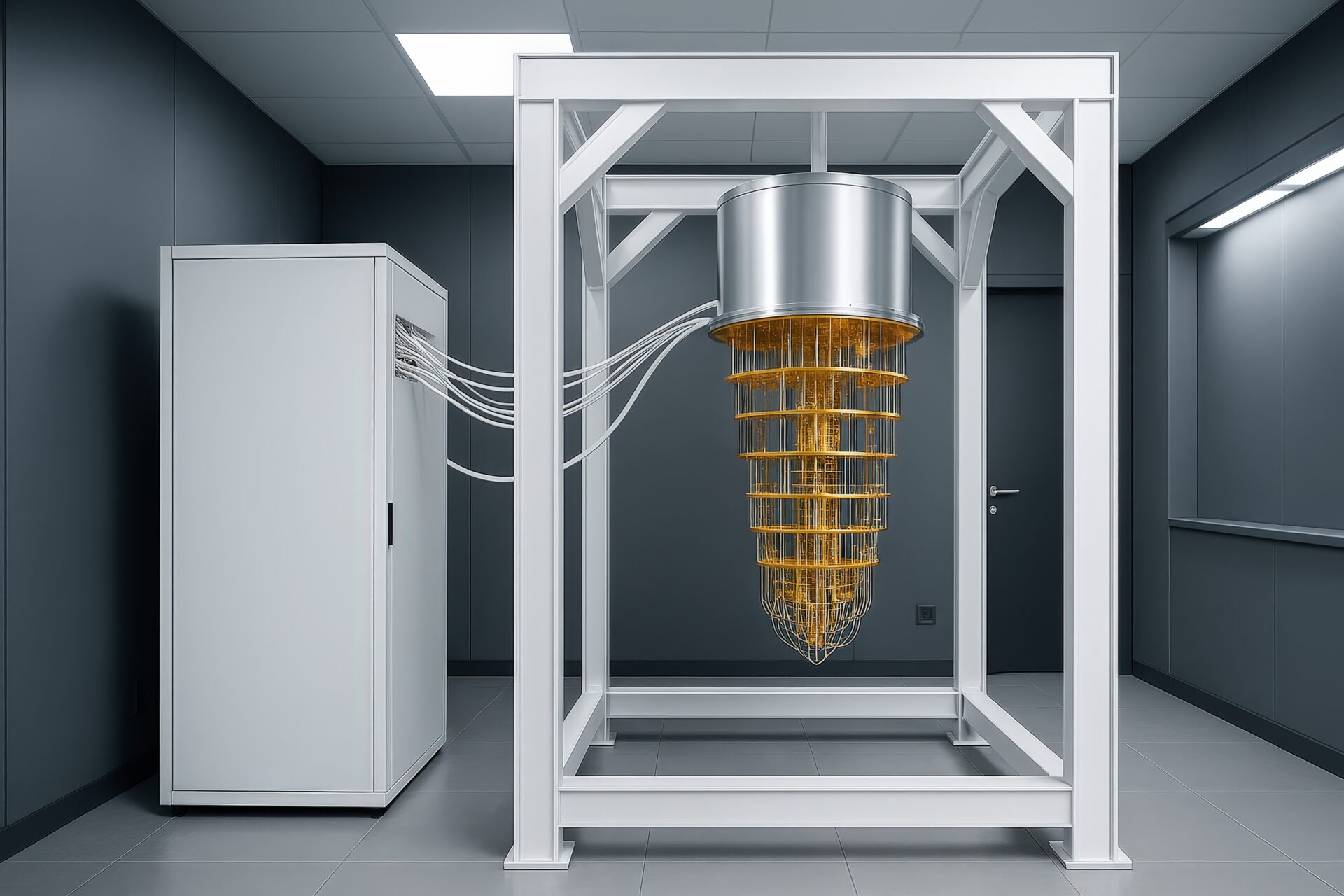 現代的な実験室に設置された量子コンピュータ装置