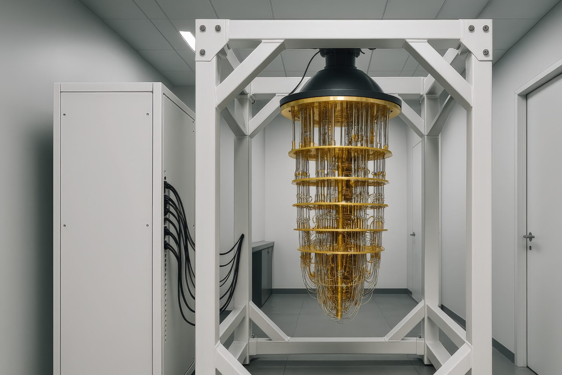 黒いカバーが付いた量子コンピュータの実験装置