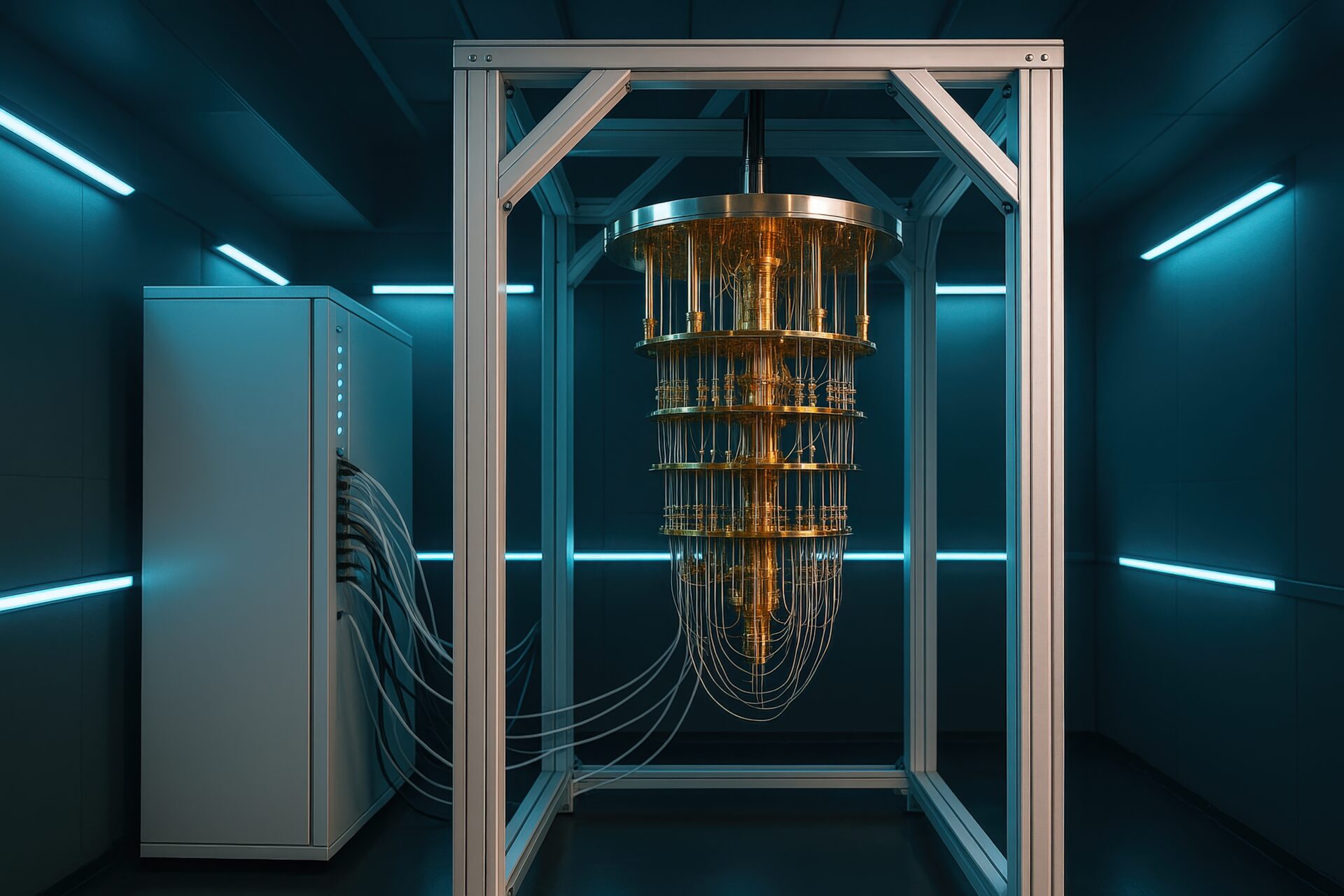 青い照明の部屋に設置された量子コンピュータ