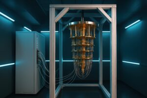 青い照明の部屋に設置された量子コンピュータ
