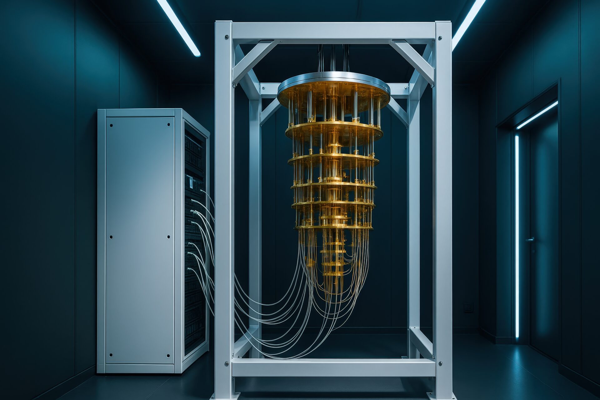 未来的なラボにある量子コンピュータのプロセッサ