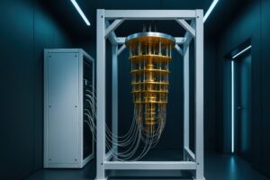 未来的なラボにある量子コンピュータのプロセッサ