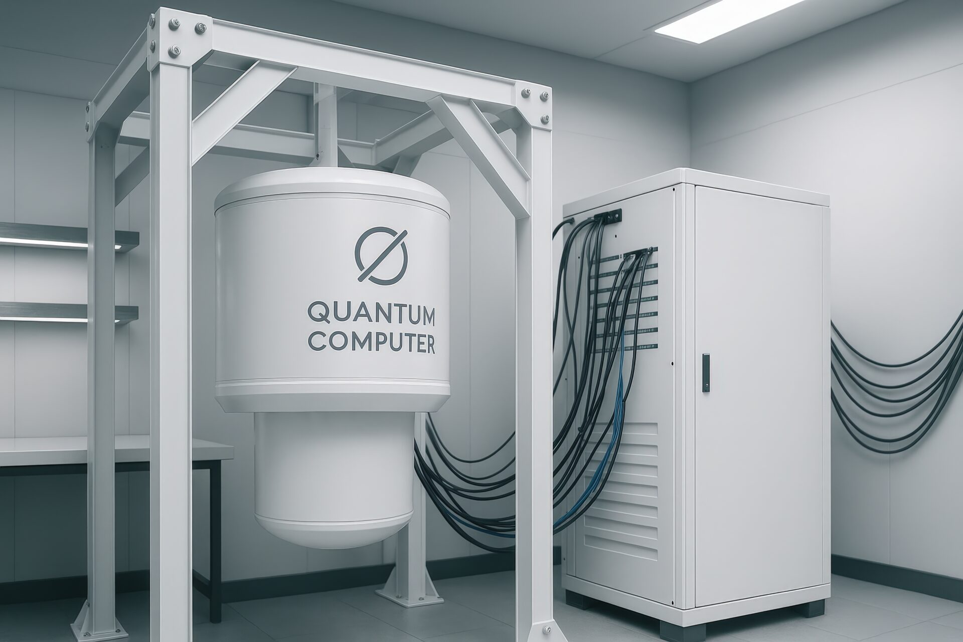 実験室に設置された白い量子コンピュータシステム
