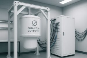 実験室に設置された白い量子コンピュータシステム