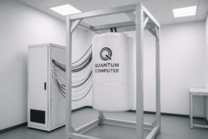 黒い配線が接続された量子コンピュータの装置