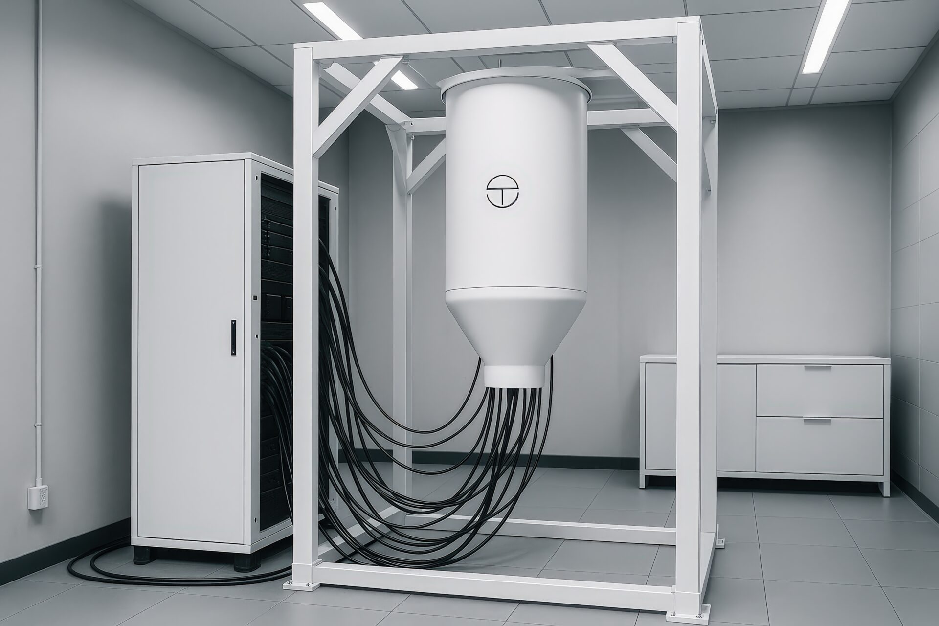 シンプルなラボに置かれた量子コンピュータ装置