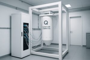 青いケーブルが接続された量子コンピュータとサーバー